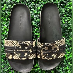 TORY BURCH Womens Sz 7.5 LEIGH ANATOMIC SLIDE  SNAKE PRINTED WARM ROCCIA/BLK
